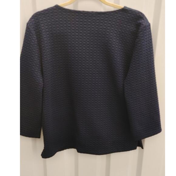 Ann Taylor Top Blouse V-Neck Waffle Print Navy Blue Black Large Lined - Picture 4 of 5